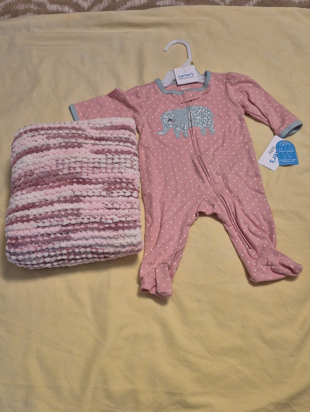 Carter's Pink Polka Dot Footed Sleepsuit with Gray Elephant- Baby Blanklet - Picture 2 of 10